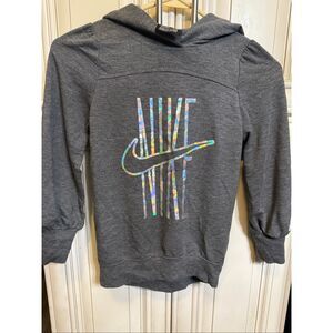 Nike Girls Holographic Swoosh Logo Print Pullover Hoodie Heather Gray Sz Medium